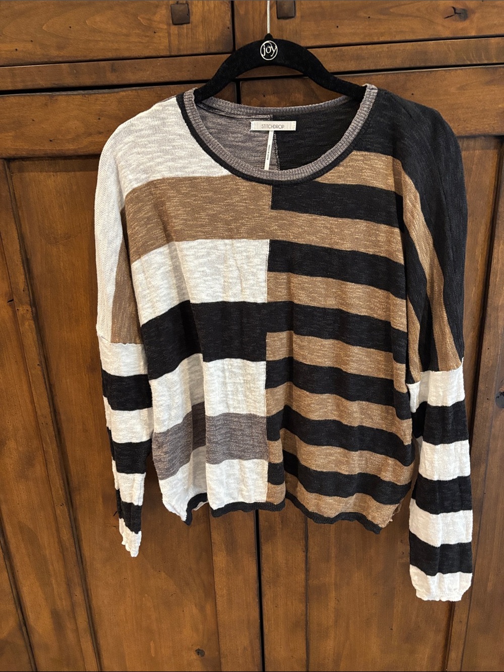 Striped Crew Neck Sweater in Black, Brown & Cream - StitchDrop